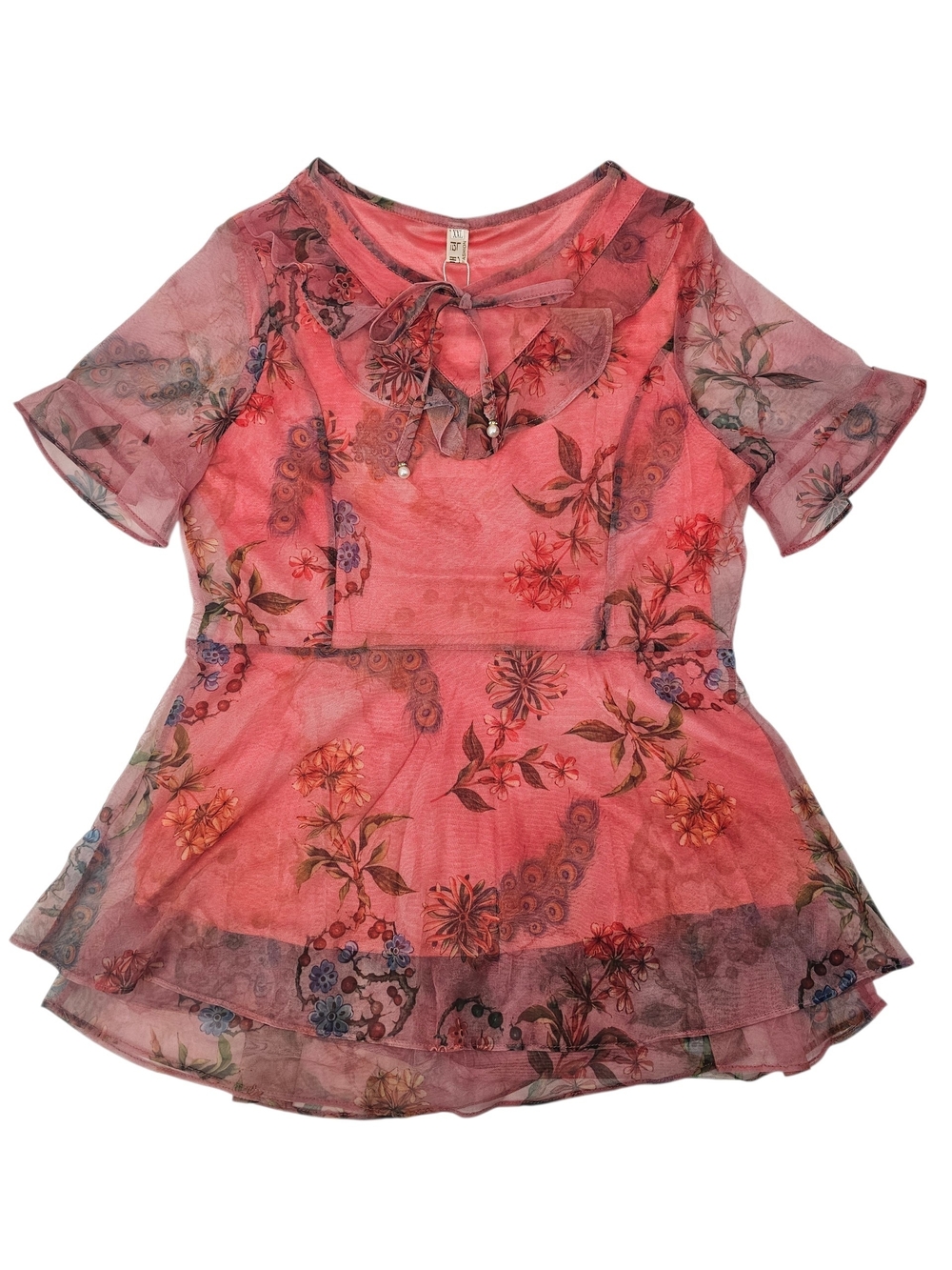 NWT Korean Floral Mesh Peplum Top Pink Coquette Fairycore Blouse